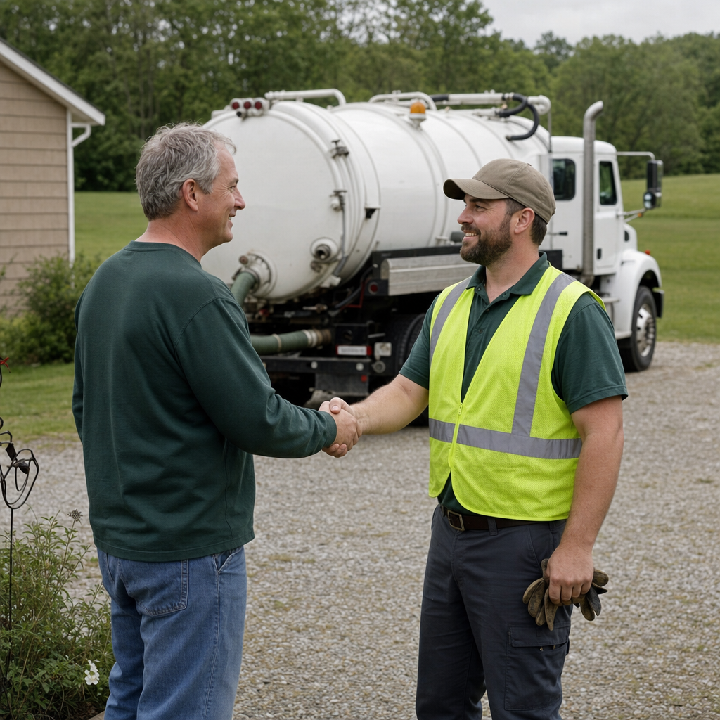 A septic technician shaking a West Ridge homeowner's hand beside the service truck after a completed pump-out