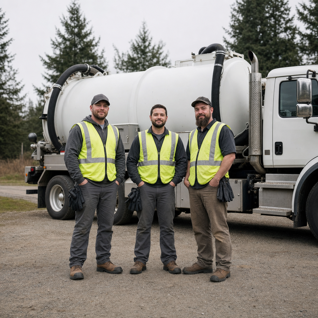 The West Ridge septic pumping crew standing together beside their clean white vacuum truck on a residential street