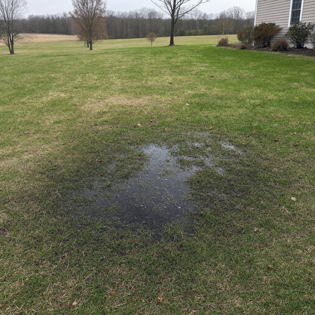 A dark, saturated wet spot in a West Ridge backyard lawn marking a failing cesspool at capacity