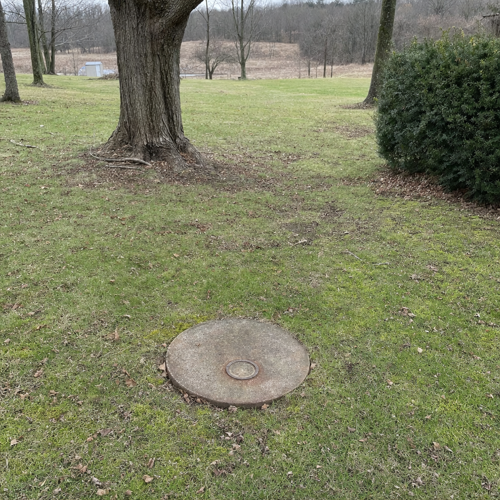An older round cesspool access lid set flush in an established, mature West Ridge backyard lawn