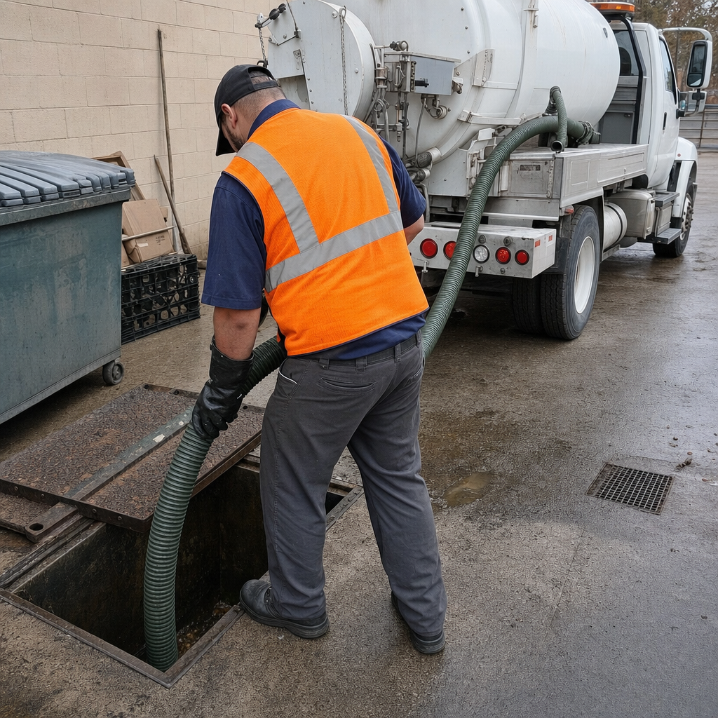 Technician pumping a grease trap behind a West Ridge restaurant