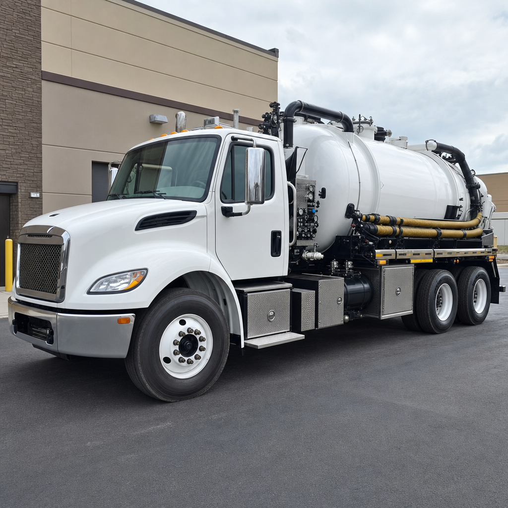 Commercial septic vacuum truck parked in a West Ridge business parking lot