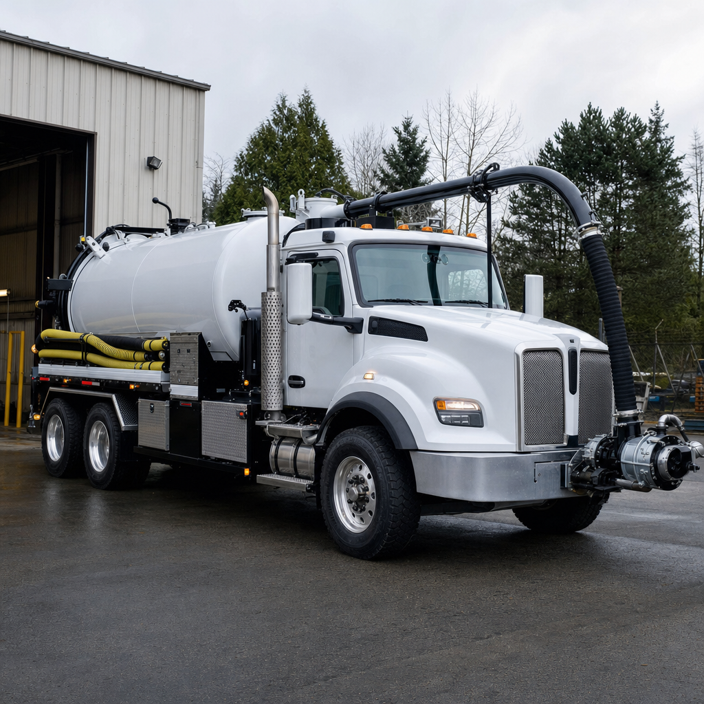 A clean white septic vacuum truck rolling out of a tidy West Ridge service depot at the start of the day