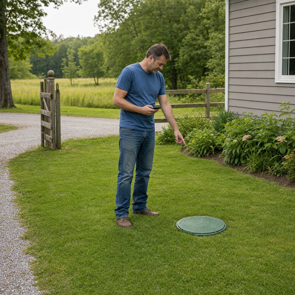A West Ridge-area homeowner standing in the backyard noting where the septic tank lid and access route are located