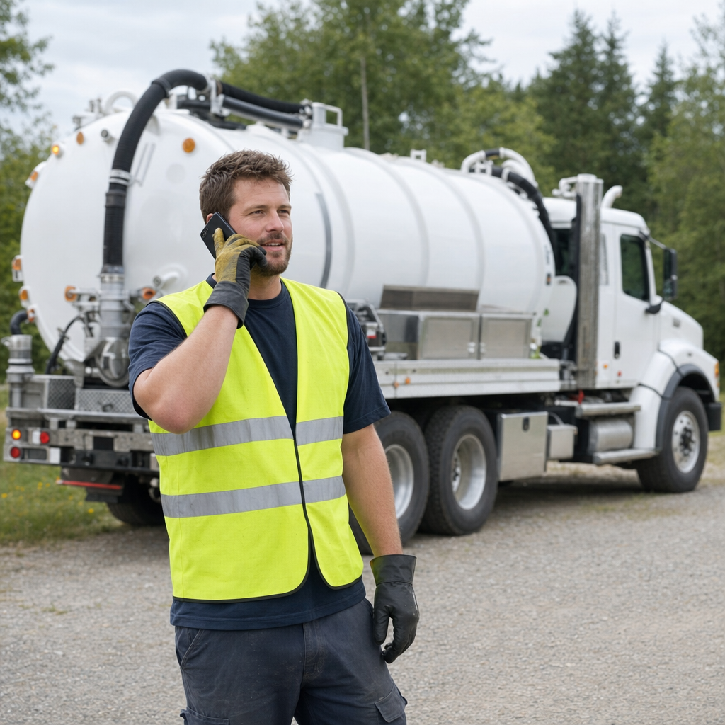 A friendly septic dispatcher holding a phone, ready to answer a West Ridge homeowner's call about a pump-out