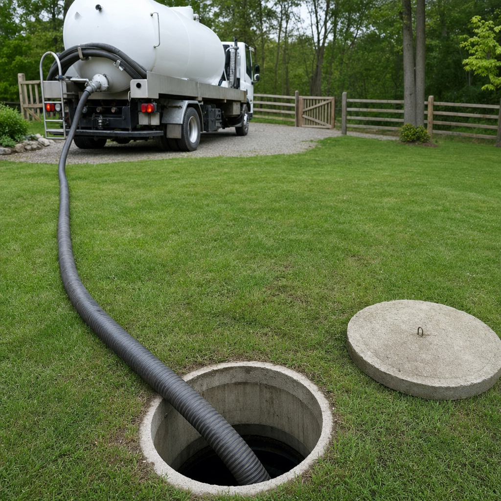 Suction hose connected to an open septic tank, drawing it down in a tidy West Ridge yard