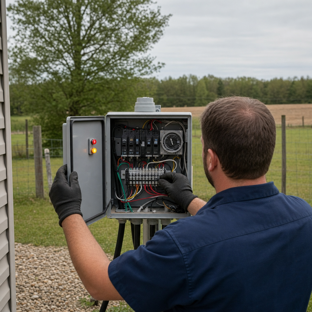 Technician checking an aerobic septic control box with a lit red high-water alarm during a same-day West Ridge visit