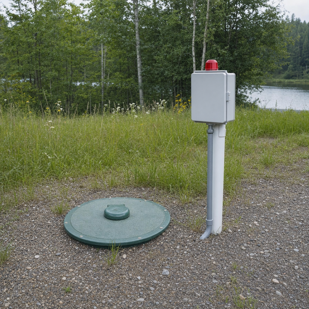 A wastewater holding tank access lid set in the ground at a rural West Ridge-area cabin, with a mounted high-level float alarm panel nearby