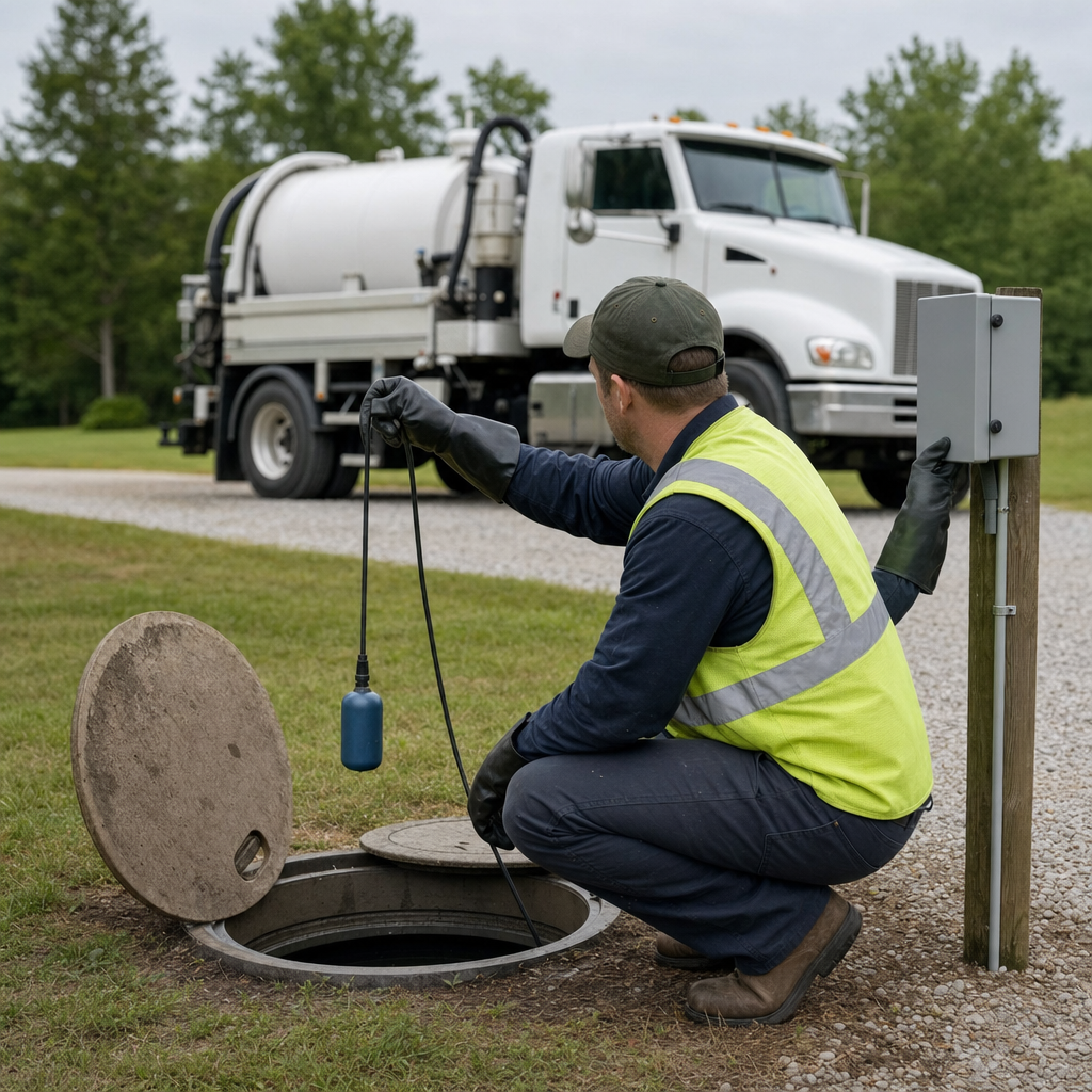 A septic technician in a high-visibility vest checking a high-level float switch and alarm panel on a holding tank at a rural West Ridge-area site