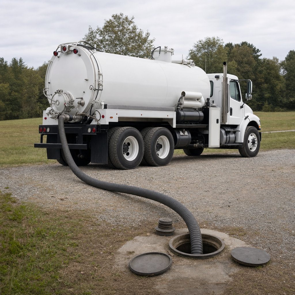 An unmarked white vacuum truck emptying a wastewater holding tank on a scheduled visit at a rural West Ridge-area property, thick suction hose running to the tank lid