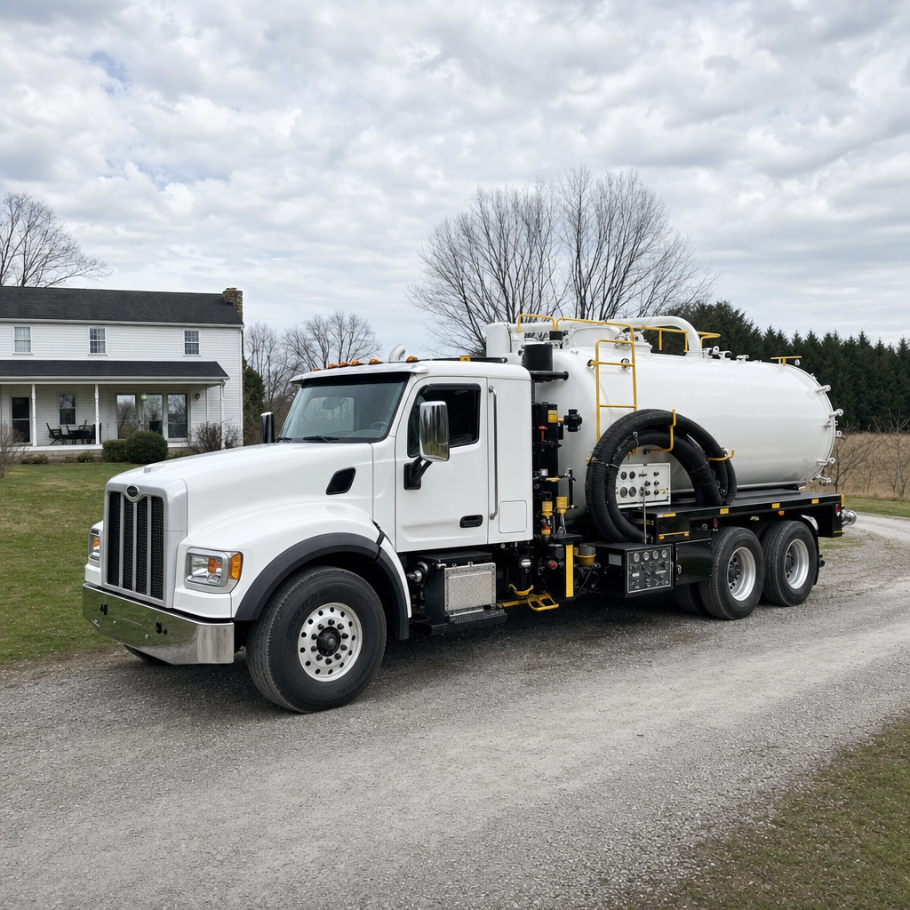 A clean white septic vacuum truck parked on a tidy West Ridge driveway with the suction hose neatly coiled
