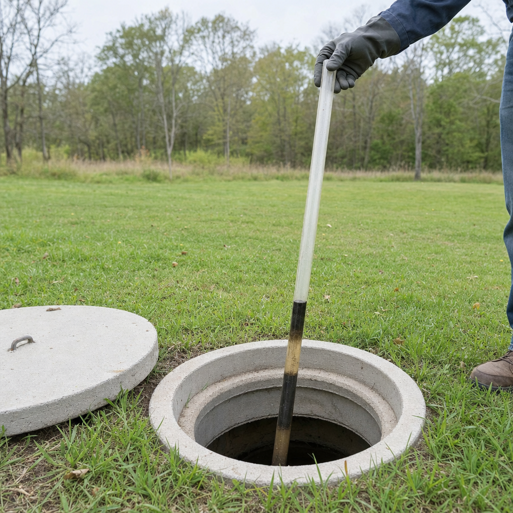 A septic sludge-judge measuring stick lowered into an open West Ridge septic tank to read the depth of the sludge and scum layers before deciding whether a pump-out is due