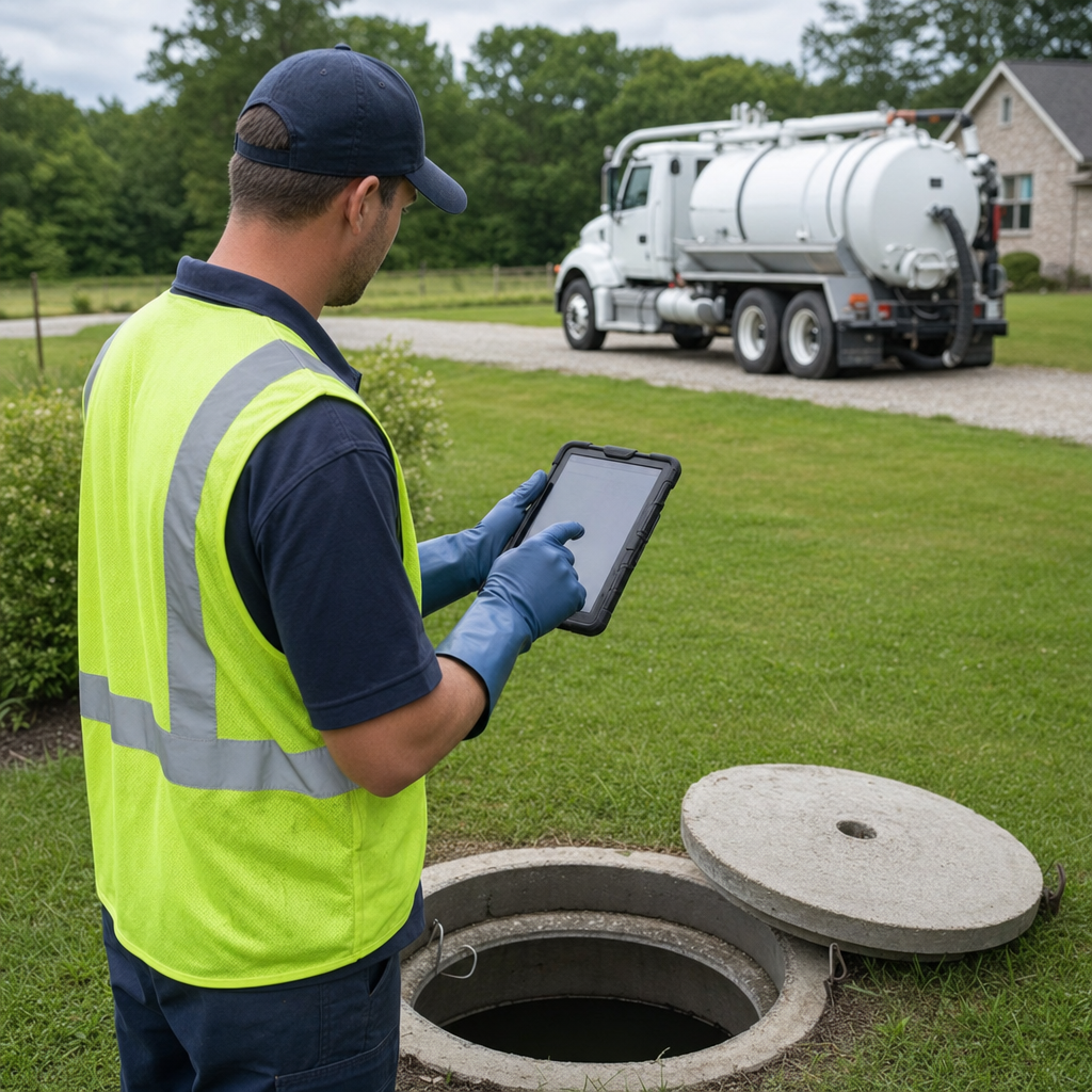 A septic technician recording a West Ridge home's pump-out date and tank condition on a tablet beside an open access lid, tracking the service history that sets the next due date