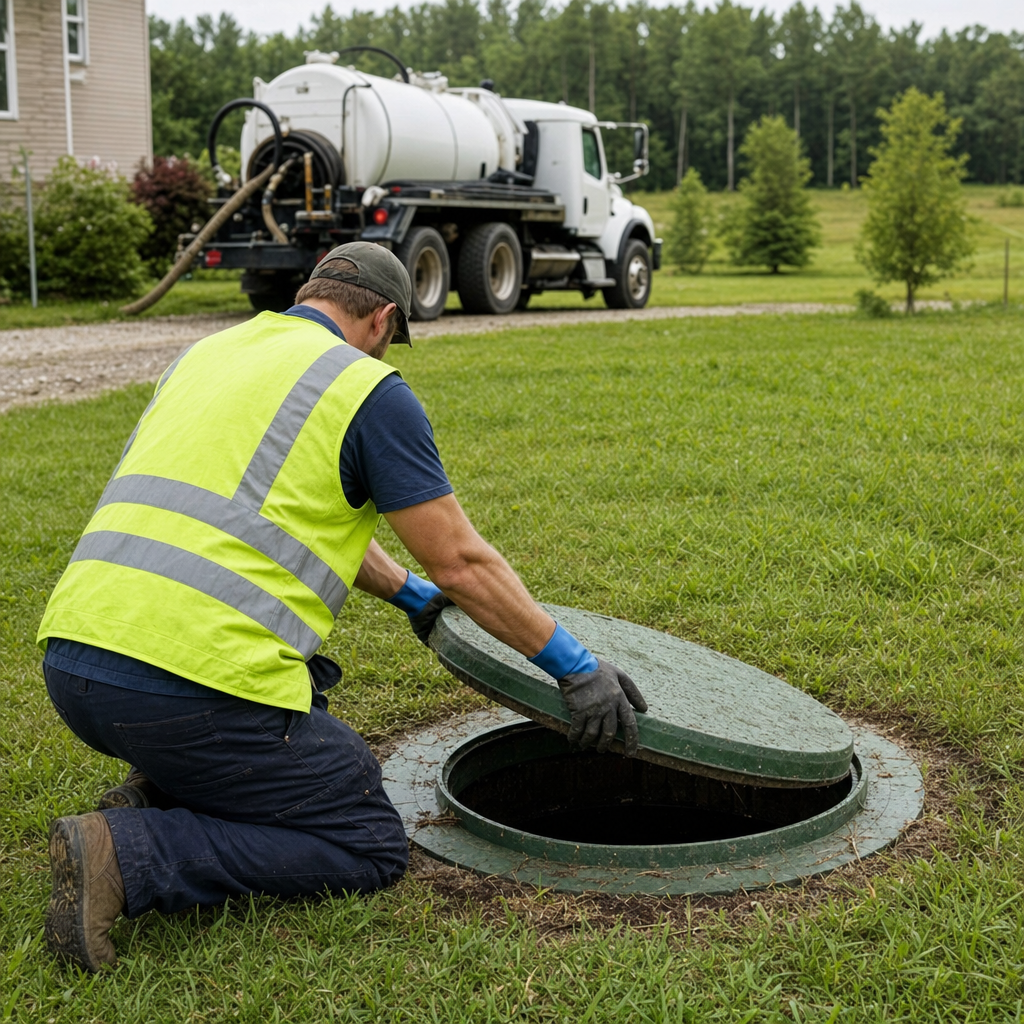 Septic technician kneeling on a West Ridge lawn, lifting the access lid on a residential septic tank