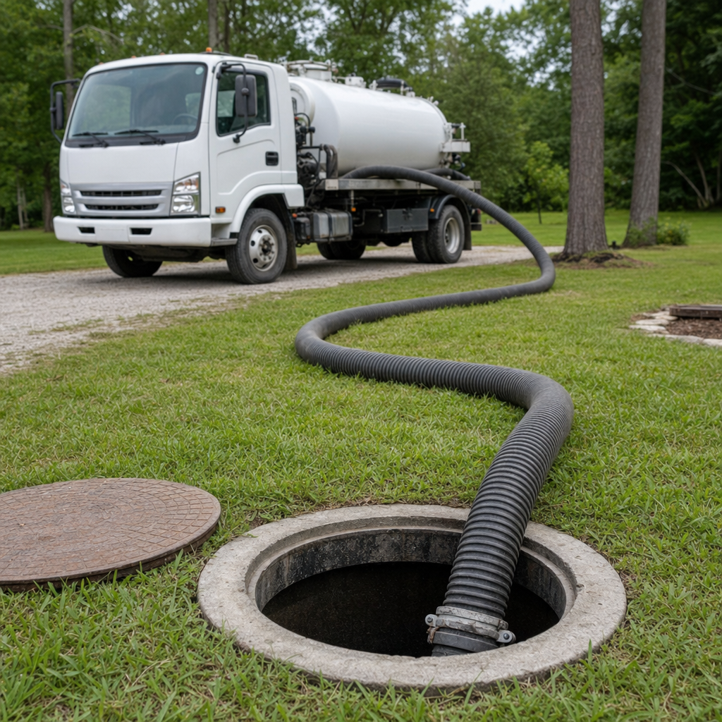 Thick ribbed suction hose lowered into a clean open septic tank port on a tidy West Ridge backyard lawn