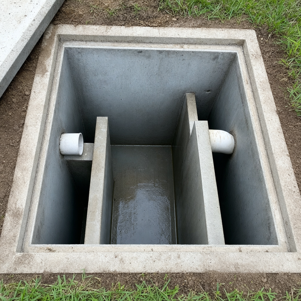 Inspection of the concrete baffles inside an open, emptied and freshly cleaned West Ridge septic tank