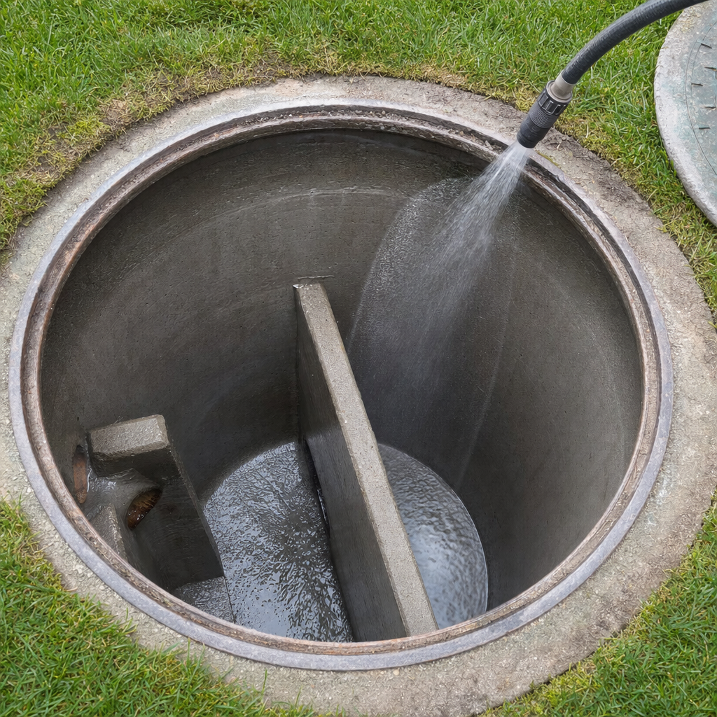 Interior concrete walls of an emptied West Ridge septic tank being rinsed clean with the truck's onboard water hose