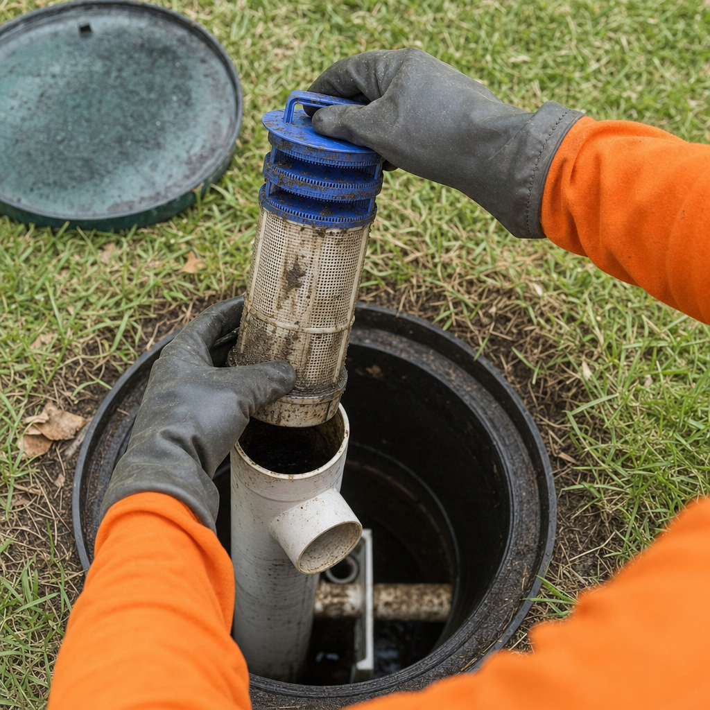 Septic technician's gloved hands lifting the effluent filter cartridge out of the outlet housing on a West Ridge septic tank
