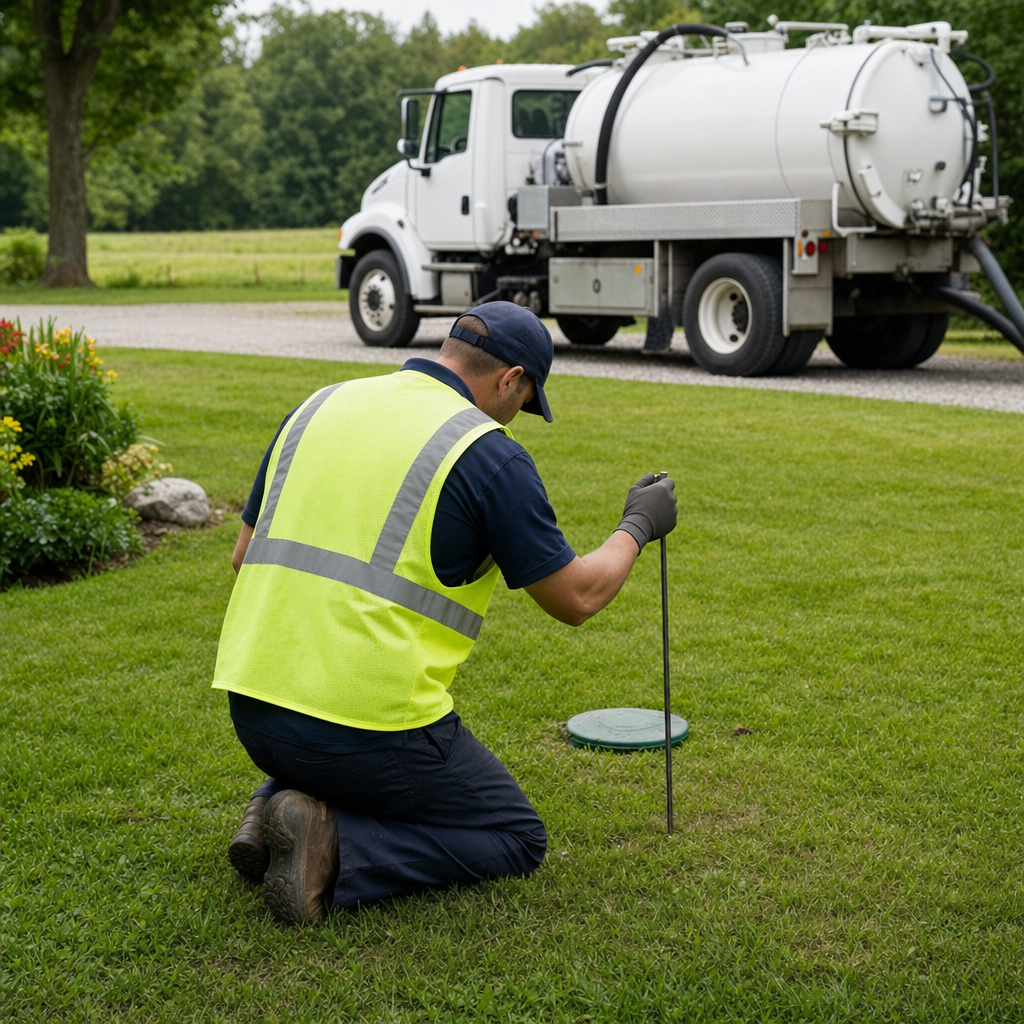 Septic technician kneeling on a West Ridge lawn, probing to locate and measure the depth of a buried septic tank lid before pumping