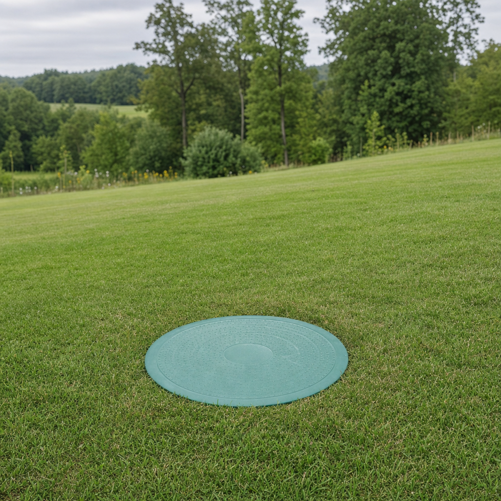 A newly installed septic riser bringing the tank lid up flush to grade in a West Ridge yard for easy future access