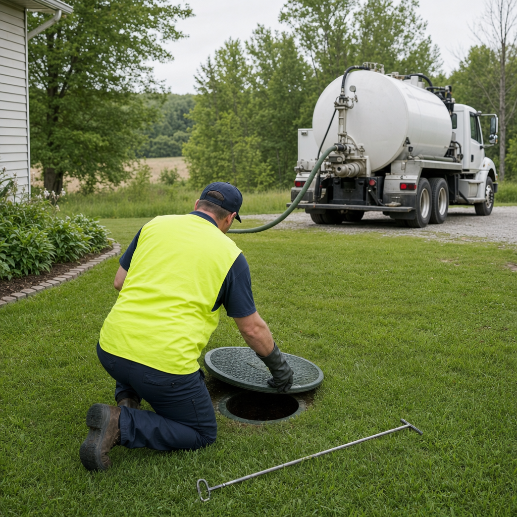 Septic technician kneeling on a West Ridge lawn, lifting the buried access lid on a residential septic tank