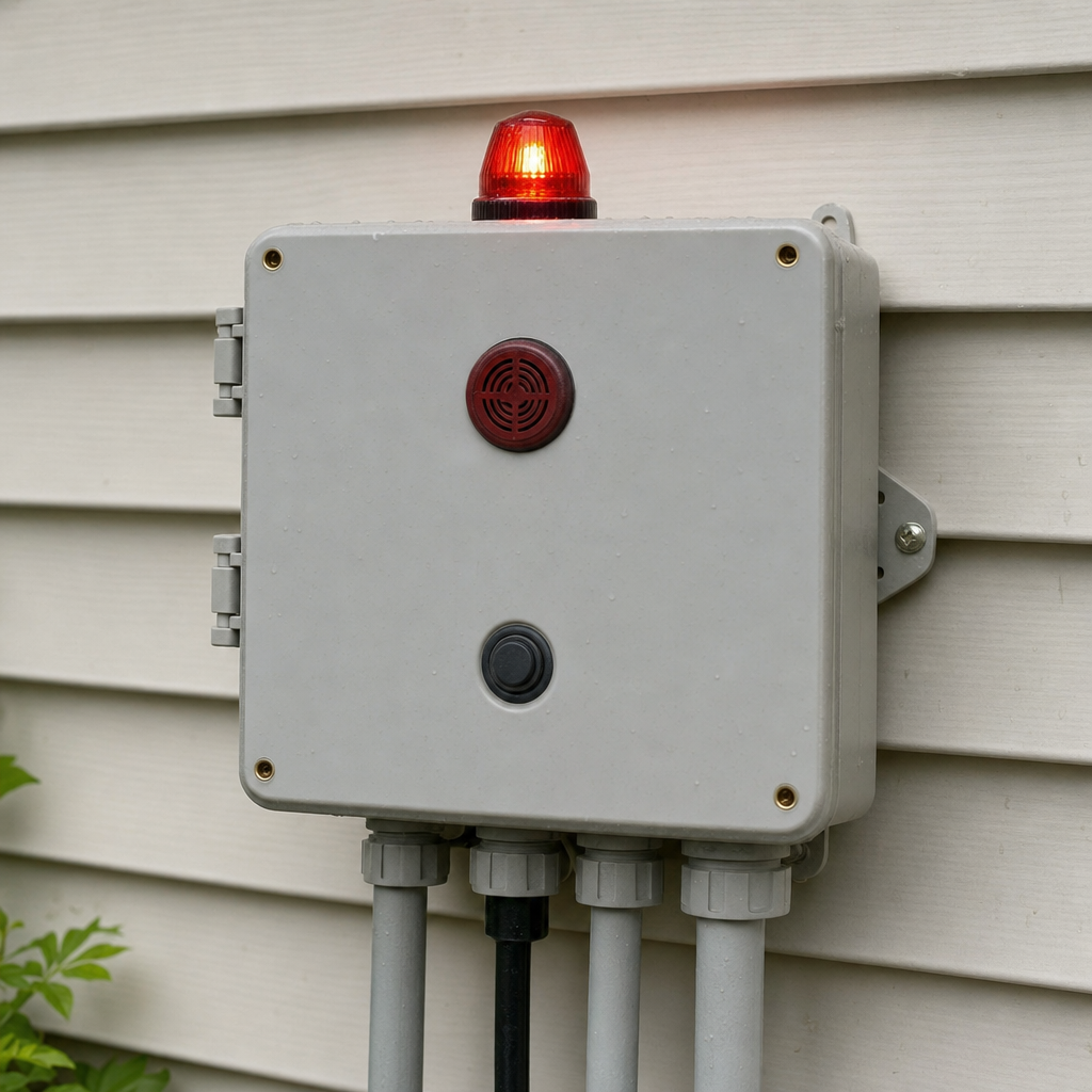 An aerobic septic system control panel mounted outside a West Ridge home with its red high-water alarm light lit