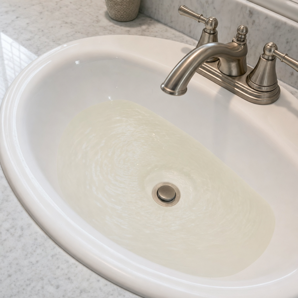 A bathroom sink draining slowly with water pooled in the basin, an early warning sign that a West Ridge septic tank is full